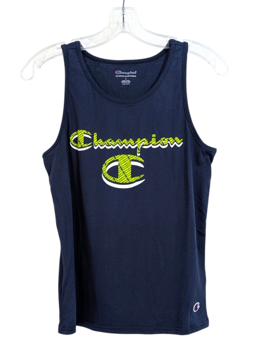 Champion Logo Tank Top Muscle Shirt - Size Large Boys - Navy Blue & Neon Green